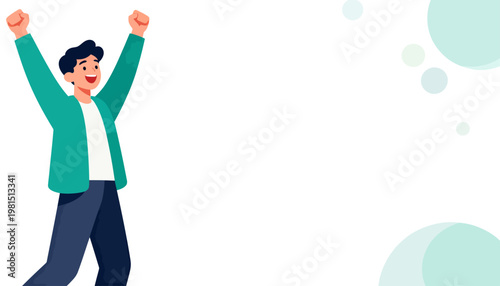 Man celebrates with joy, arms raised high. His smile radiates happiness and triumph. Simple background with soft floating circles. Ideal for success, achievement, or positive energy themes