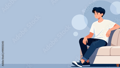 Young man sits pensively on a couch. Soft blue background adds calm, quiet atmosphere. His gaze drifts off, suggesting thought or rest. Minimalist style appeals to modern design needs