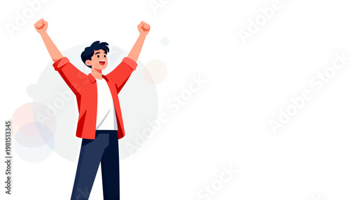 Joyful man raises arms in celebration. Bright red jacket contrasts with clean white background. Simple circular bokeh adds soft, cheerful ambiance. Energetic pose conveys victory or excitement