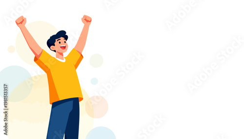 Man celebrates joyfully with arms raised high. Bright yellow shirt contrasts clean, soft background. Circular shapes add playful, cheerful energy. Perfect for victory, success, or uplifting moments