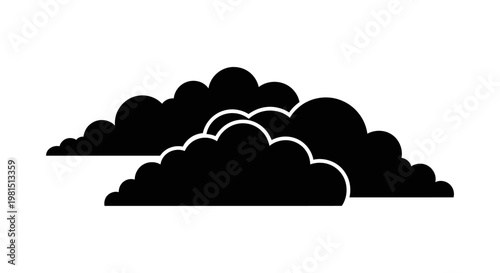 Black Cumulus Clouds Silhouette on White Background, Minimalist Vector Graphic