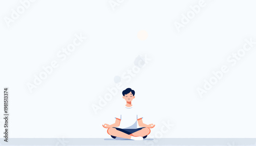 Serene man sits cross-legged, eyes closed. Soft light floats above his head, calm and quiet. He meditates, centering mind, breath, and peace. Ideal for wellness, mindfulness, or stress relief visuals