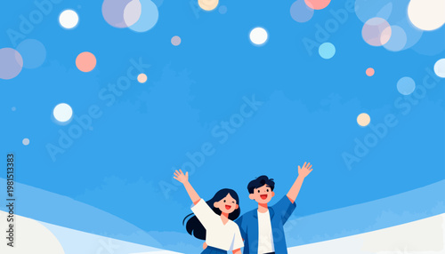 Two joyful figures raise arms against a bright blue sky. Colorful, soft circles float above them, suggesting celebration. Their smiles radiate happiness and freedom. Perfect for holiday, festival