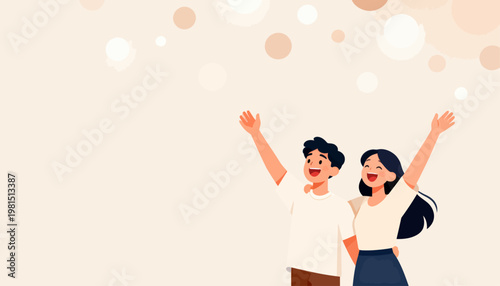 Two joyful figures raise arms in celebration. Soft pastel tones glow warmly around them. Their smiles radiate happiness and shared excitement. Perfect for cheerful moments or uplifting themes