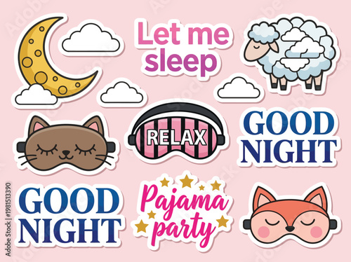 Cute Sleep and Bedtime Sticker Set with Animal Eye Masks, Moon, Sheep, and Pajama Party Quotes