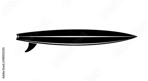 Black Surfboard Silhouette with Single Fin on White Background