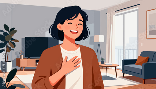 Smiling woman places hand on her chest. Warm living room setting with soft natural light. Cozy couch, modern TV, and potted plants. Joyous expression conveys contentment or gratitude