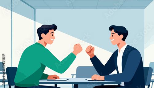 Two men share a friendly arm-wrestling moment. They smile, showing camaraderie and playful rivalry. The scene takes place in a bright, modern office space. Their posture suggests mutual respect
