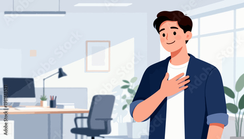 Young man stands confidently, hand over heart. Office background features modern, minimalist furniture. Soft daylight enhances warm, professional atmosphere