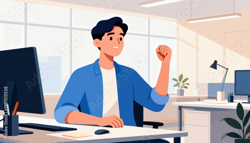 Young man smiles at desk, celebrating success. He raises fist in joyful triumph. Office space features modern furniture. Bright windows let in soft daylight. Green plants add freshness to environment