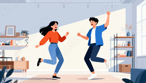 Two joyful figures leap in a bright, modern room. They dance with energy, arms raised high. Sunlight floods the space through large windows. Shelves and plants add cozy, lived-in charm