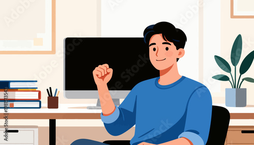 Young man smiles confidently at his desk. He raises his fist in a triumphant gesture. Books and plants add cozy, productive atmosphere. Ideal for concepts of success, motivation, or achievement