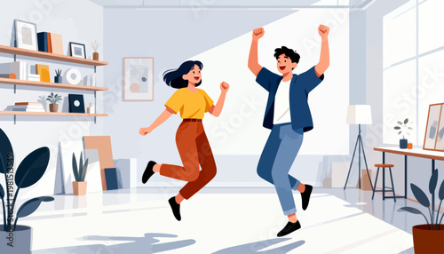 Two joyful figures leap mid-air in bright, modern living space. Their arms raised high, expressions radiate pure delight. Sunlight streams through large windows, casting soft shadows