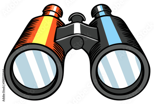 Illustration of Binoculars, Orange Yellow and Blue Black Optical Device, Viewing Aid