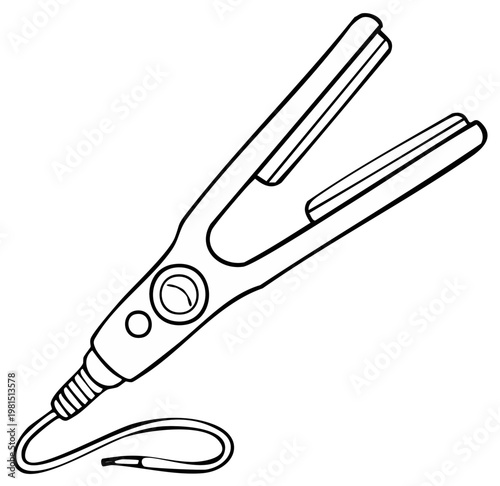 Styling tool for hair straightening with a power cord and control buttons outlined illustration