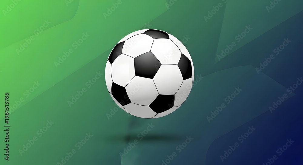 Naklejka premium Classic black and white soccer ball floating in the center against a smooth gradient background of green and dark blue tones