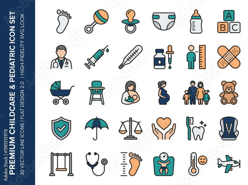 Premium Childcare and Pediatric Icon Set - 30 Vector Line Icons for Baby Care, Medical Healthcare, and Parenting Designs