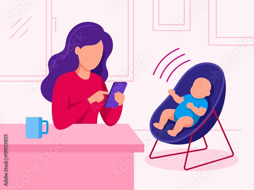 Mother Multitasking with Smartphone at Home While Baby Rests in Bouncer, Flat Vector Illustration of Modern Parenting and Remote Work