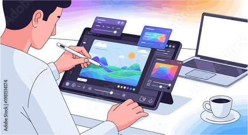 Graphic designer working on digital drawing tablet with stylus in modern workspace with laptop and coffee cup in bright colorful lighting for creative business