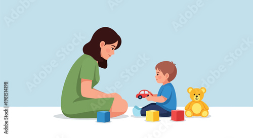 Mother and child playing together on the floor with colorful toys.