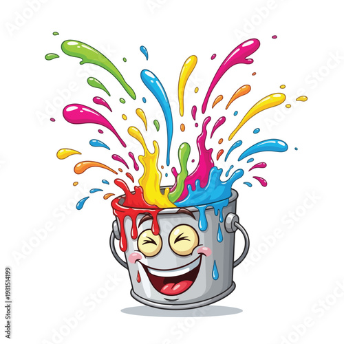 Smiling paint can with colorful splashes bursting from open lid