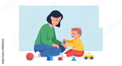 Mother and child playing with colorful building blocks on the floor.