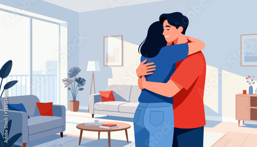Soft light bathes a cozy, minimalist living room. Couple embraces warmly, sharing quiet comfort. Their smiles hint at deep affection and contentment. The scene evokes peace, intimacy