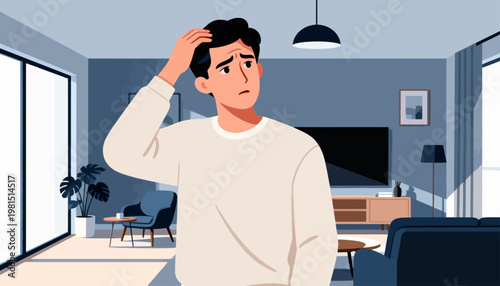 Man looks puzzled, hand on head, in modern living room. He seems stressed or confused, standing alone in the space. Large windows, flat screen, and minimalist furniture surround him