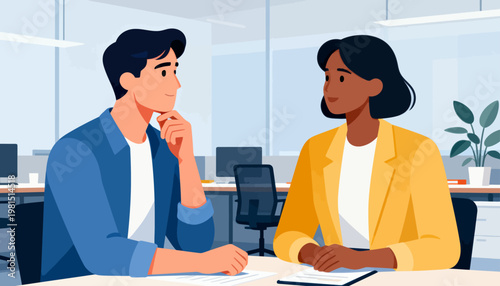 Two professionals discuss business matters at a modern office desk. The man rests his chin on his hand, showing thoughtful attention. The woman faces him, hands placed calmly on her documents