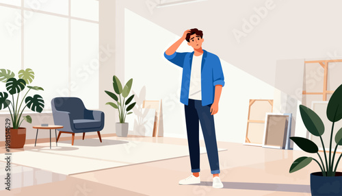 Young man stands indoors, hand on head. He appears thoughtful or confused, in bright, minimalist room. Large windows flood space with soft daylight. Plants and modern furniture surround him