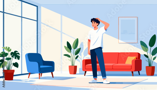Young man stands in bright, modern living room. He touches his head, looking thoughtful or tired. Large windows let sunlight pour across the floor. Potted plants add greenery to the space