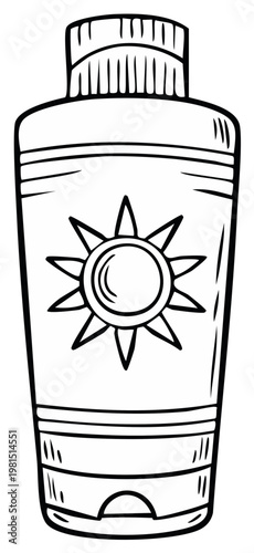 Cartoon drawing of a sunscreen bottle, protecting from sun exposure, beach vacation concept
