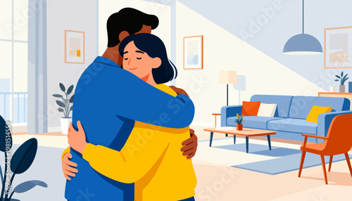Man embraces a woman warmly in a bright living room. Their eyes are closed, showing comfort and affection. Soft sunlight fills the space with calm tones