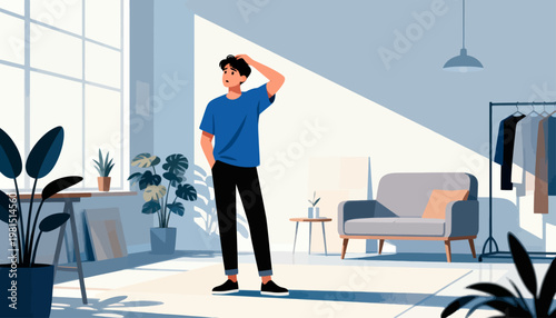 Young man stands in bright, minimalist living room. He touches head, appearing thoughtful or stressed. Sunlight streams through large window, casting soft shadows. Potted plants add greenery to tidy