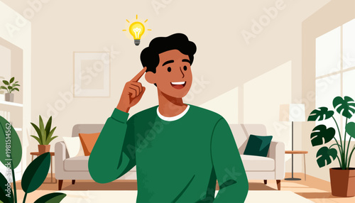 Young man smiles, tapping temple. Lightbulb hovers above his head. Cozy living room with plants and soft light. Sunny, calm, and creative atmosphere. Ideal for business, education