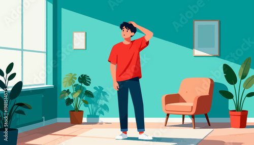 Young man stands indoors, hand on head. Teal walls, plants, and sunlight create calm ambiance. Simple room features a chair and framed art. He seems thoughtful or tired from day's activities
