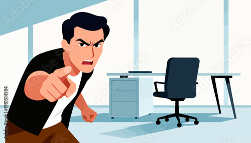 Angry man points accusingly at viewer. Office setting includes chair and filing cabinet. His face shows intense anger and frustration. Ideal for business conflict or workplace tension themes