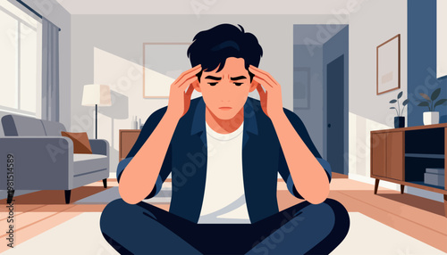 Man sits cross-legged, pressing fingers to temples. Frown creases his brow, eyes closed in stress. Bright room features sofa, lamp, and wooden cabinet. He feels overwhelmed