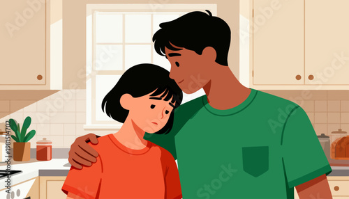 Soft light bathes a cozy kitchen. Man hugs a child gently from behind. Child looks down, head resting on his shoulder. The man smiles softly, eyes closed