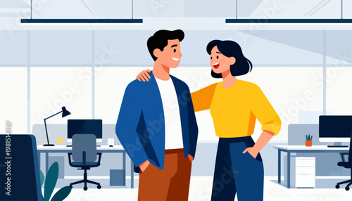 Modern office with two smiling colleagues. They stand close, arms relaxed, eyes engaged. Bright space with desks, chairs, and tech equipment. Friendly vibe suggests teamwork or casual conversation