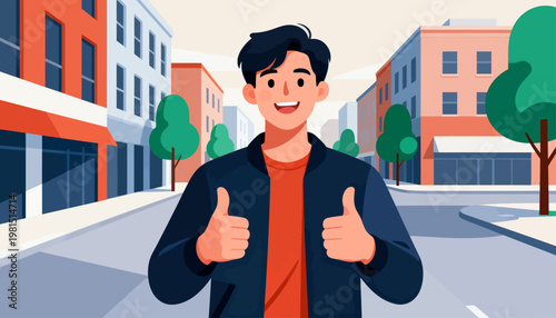 Man smiles warmly, giving two thumbs up. Urban street scene with colorful buildings and trees. Bright, cheerful mood suggests positivity and approval. Ideal for business, marketing