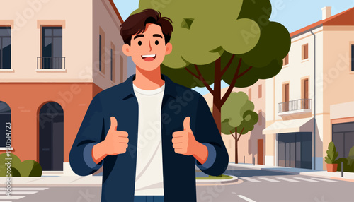 Young man smiles, gives thumbs-up gesture. He stands in front of urban buildings with trees nearby. Scene suggests positivity, approval, or encouragement. Ideal for marketing, social media