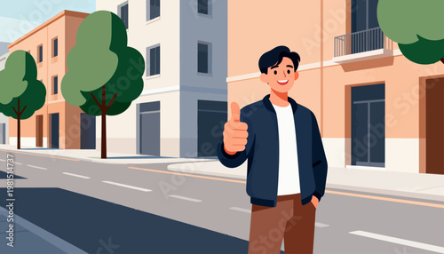 Man stands smiling, giving a thumbs-up gesture. Urban street lined with trees and buildings. Friendly, confident, and welcoming expression. Great for business, community, or positive message visuals