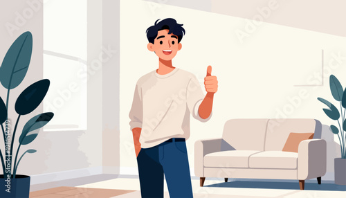 Young man gives thumbs-up in cozy living room. Bright light fills minimalist space with warmth. Couch and plants add comfort to serene setting. His smile shows confidence and approval