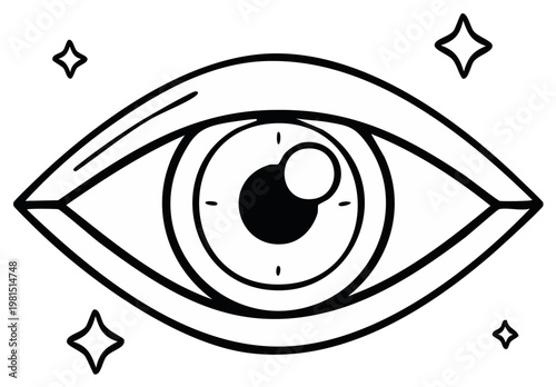 Stylized Eye Symbol with Sparkles, Graphic Line Art Illustration for Vision and Insight