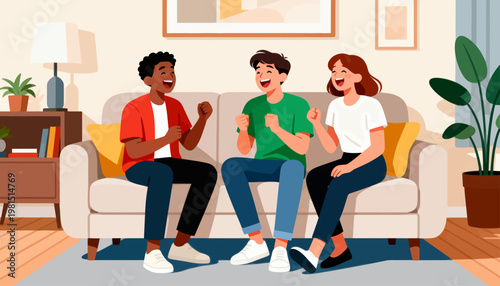 Three friends laugh together on a cozy couch. Their joyful expressions show shared happiness and connection. The room features warm lighting and homey decor. Ideal for scenes of friendship