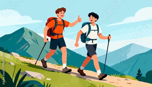 Two hikers smile as they climb a mountain path. They carry backpacks and use trekking poles for support. Sunlight glows over green hills and distant blue peaks