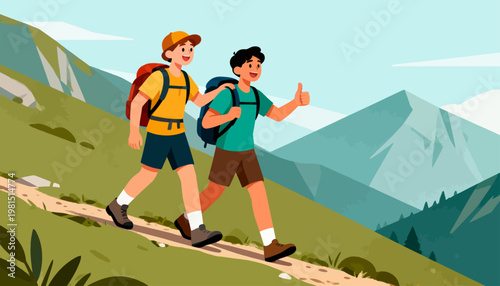 Two hikers stroll along a winding mountain trail. They smile, thumbs up, showing joy and adventure. Bright sunlit hills frame their journey ahead. Ideal for travel, wellness