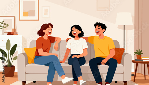 Three friends laugh together on a cozy living room couch. Warm lighting and soft colors create a welcoming atmosphere. Each person shows joy through open smiles and relaxed postures