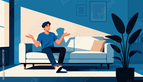 Man sits on a modern couch, arms wide open. He smiles warmly, eyes bright with joy. Sunlight streams across the room, casting soft shadows. Potted plant stands tall beside the sofa